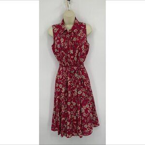 Nanette Lepore sleeveless fit flare shirt dress pink purple floral pleating 6